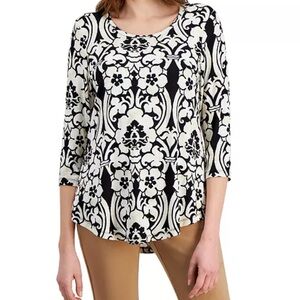JM Collection Black and Cream White Patterned Women's Top
